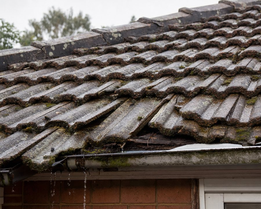 Damaged, leaking tile roof before repair