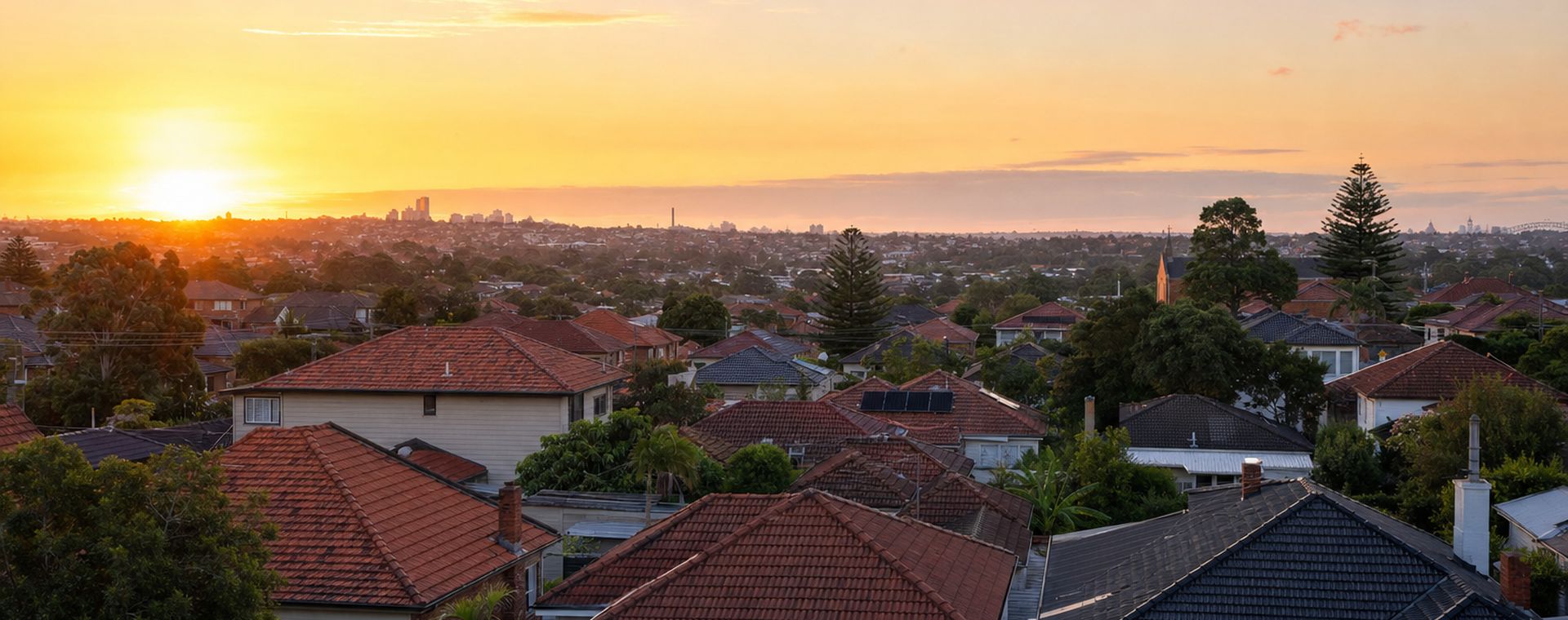 Suburban rooflines at sunset