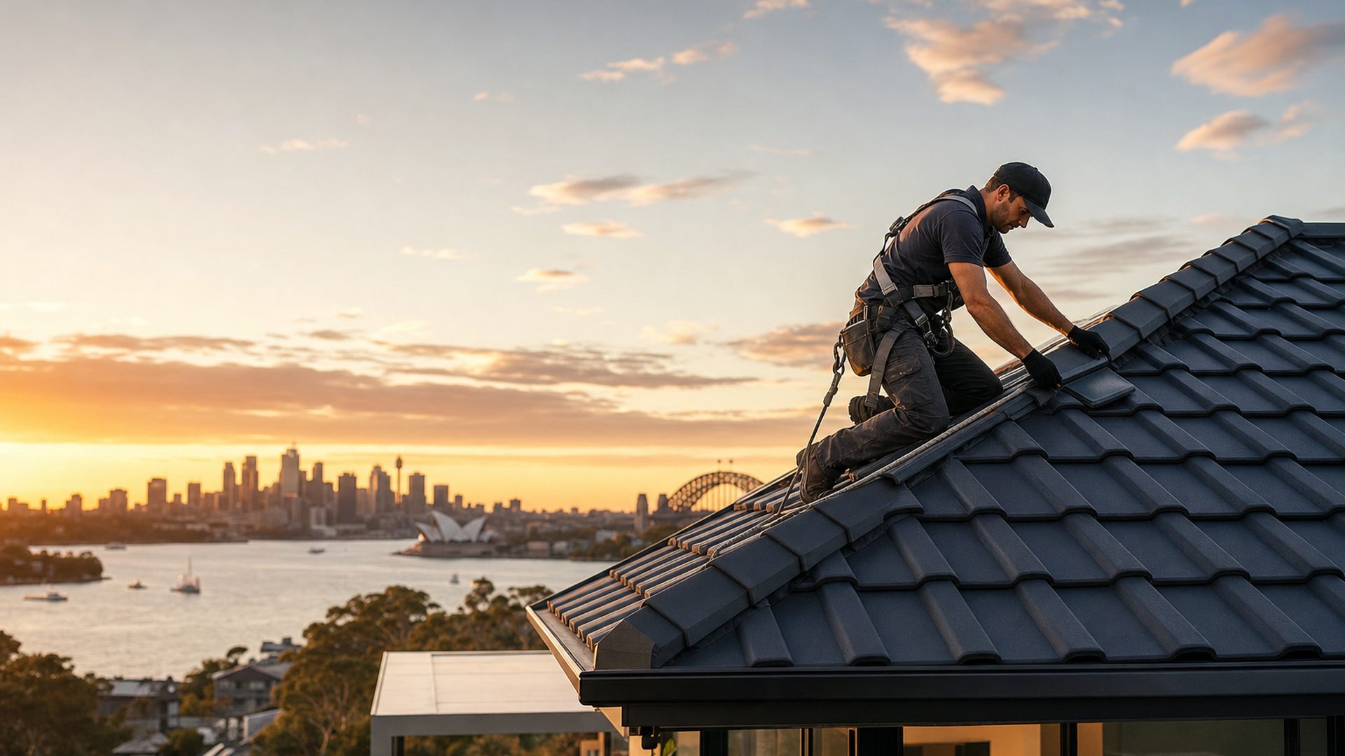 Roofer repairing a leaking tile roof at dusk