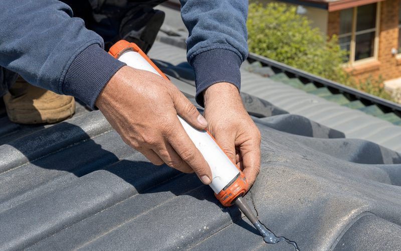 Roofer sealing a cracked roof tile