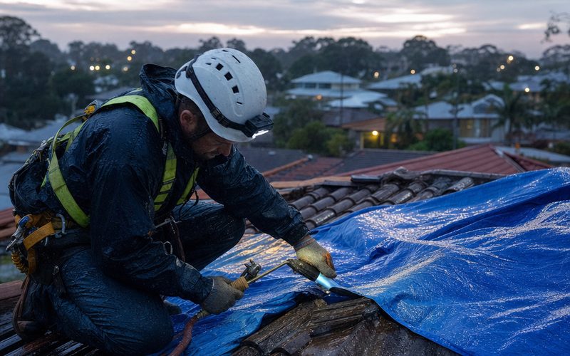 Emergency roof leak callout at dusk